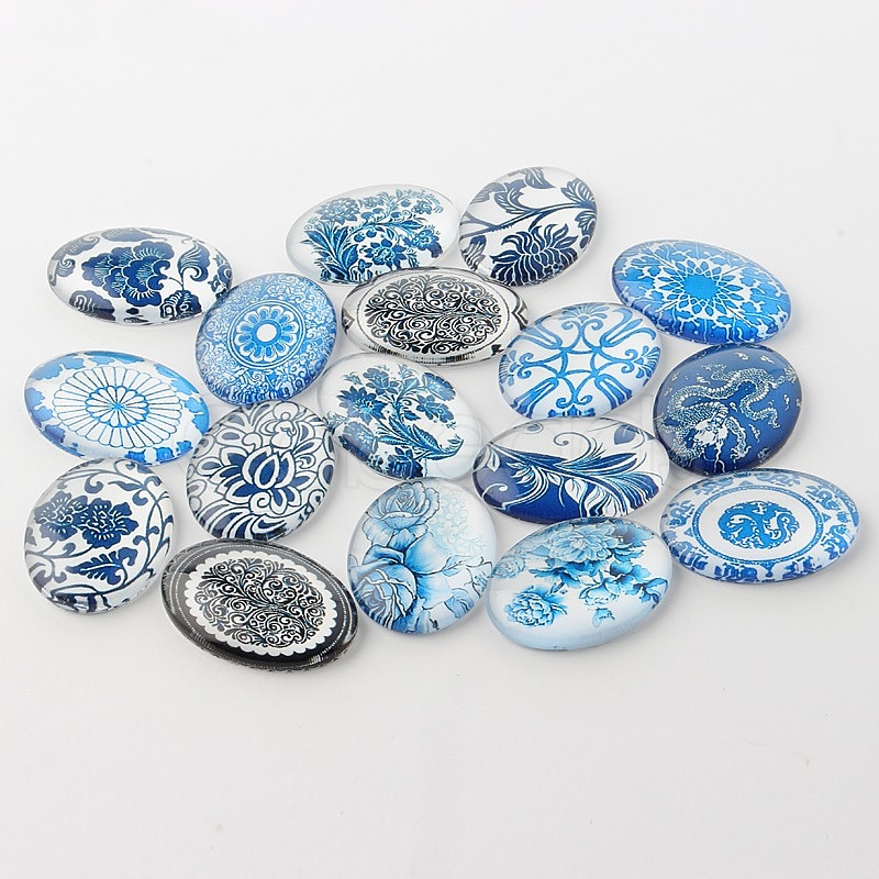 Cheap Blue And White Floral Theme Ornaments Glass Oval Flatback