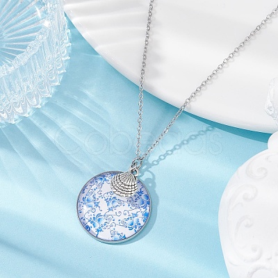 Steel Blue Glass Flat Round & Alloy Pendant Necklace NJEW-JN04453-1