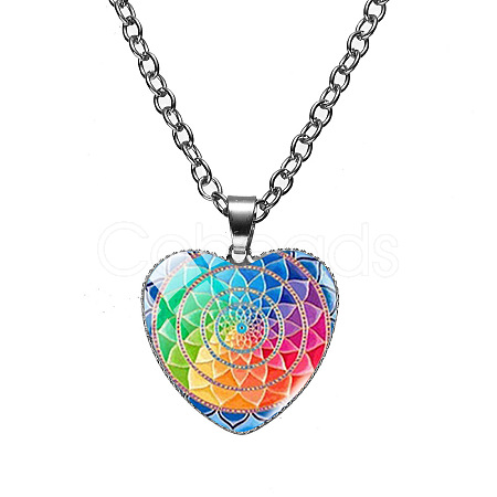 Glass Heart with Mandala Flower Pendant Necklace MAND-PW0001-07E-1