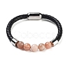 Natural Sunstone Round Bead Braided Leather Cord Bracelets for Men Women BJEW-A009-11P-04-1