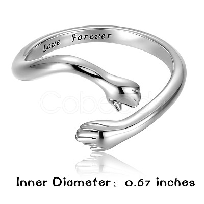 Anti-Tarnish Rhodium Plated 925 Sterling Silver Hug Hands Open Cuff Ring with Love Forever for Women JR860A-1