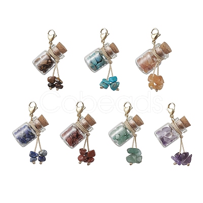 Chakra Natural & Synthetic Gemstone Chip inside Glass Wishing Bottle Pendants Decorations HJEW-JM01892-1