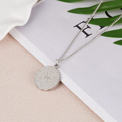 201 Stainless Steel Constellation Coin Pendant Necklace with Alloy Chains ZODI-PW0001-032H-1