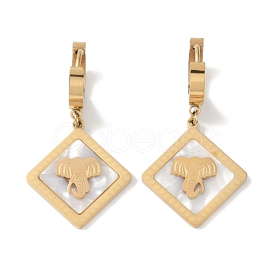 Rhombus with Elephant 304 Stainless Steel Shell Hoop Earrings EJEW-L283-042G-1