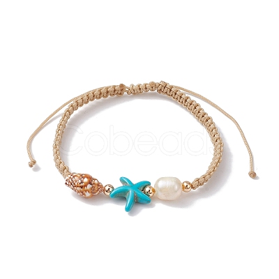 Natural Shell & Pearl & Synthetic Turquoise Braided Bead Bracelets BJEW-JB09914-1