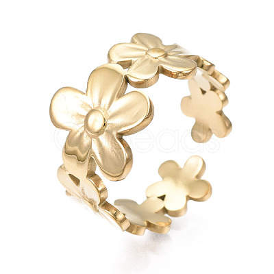 304 Stainless Steel Flower Wrap Open Cuff Ring RJEW-T023-44G-1