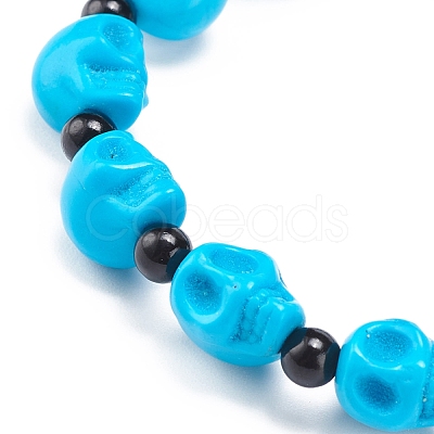 Natural Mashan Jade Skull Beaded Stretch Bracelet with Synthetic Turquoise(Dyed) Cross Charm BJEW-JB08378-04-1