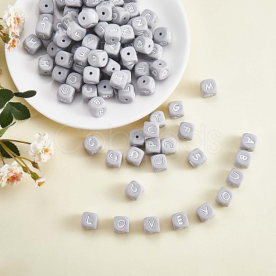 20Pcs Grey Cube Letter Silicone Beads 12x12x12mm Square Dice Alphabet Beads with 2mm Hole Spacer Loose Letter Beads for Bracelet Necklace Jewelry Making JX436E-1