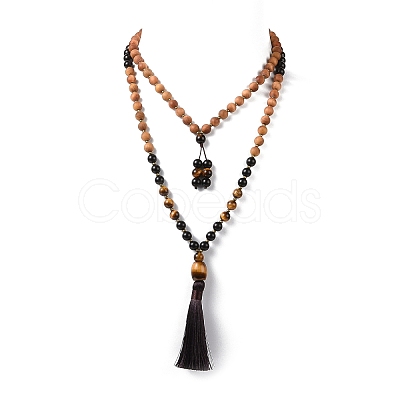 Wood & Tiger Eye Beads Wrap Necklaces NJEW-JN04135-1