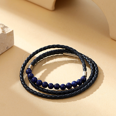 Round Natural Lapis Lazuli Braided PU Leather Cord Wrap Bracelets for Women Men LC1757-1-1