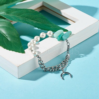 Natural Amazonite & Shell Pearl Beaded Bracelet for Girl Women X1-BJEW-TA00022-1