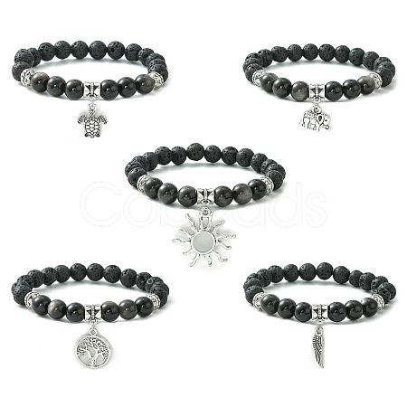 Natural Lava Rock & Silver Obsidian Beaded Stretch Bracelet with Alloy Charms BJEW-JB09453-1