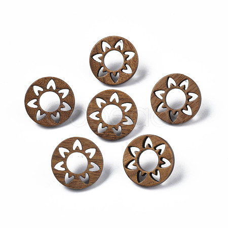 Donut with Flower Walnut Wood Stud Earrings with 316 Stainless Steel Pin for Women EJEW-N017-007-1