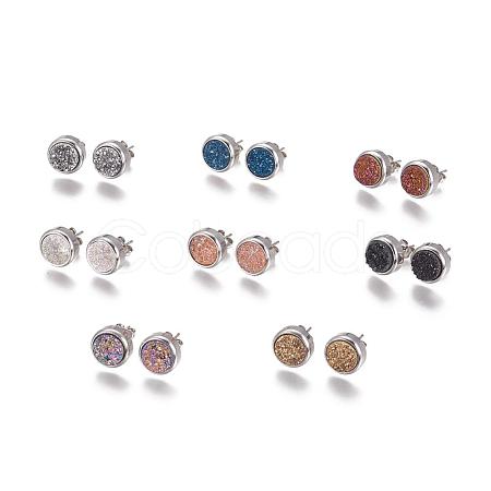 Electroplate Natural Druzy Quartz Stud Earrings EJEW-P181-B03-1