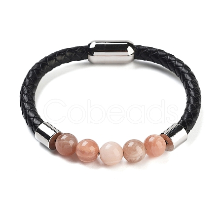 Natural Sunstone Round Bead Braided Leather Cord Bracelets for Men Women BJEW-A009-11P-04-1