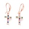 Brass Micro Pave Cubic Zirconia Dangle Earrings, Cross, Colorful, Rose Gold, 29mm, Pin: 1mm