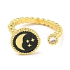 Flat Round with Moon Star Rack Plating Brass Micro Pave Cubic Zirconia Open Cuff Rings RJEW-N047-03A-G-RS-2