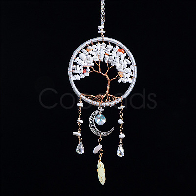 Copper Wire Wrapped Natural Howlite Chips Tree of Life Hanging Ornaments PW-WG23767-01-1