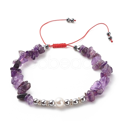 Natural Gemstone Chips & Shell Pearl & Synthetic Hematite Braided Bead Bracelet BJEW-JB08471-1