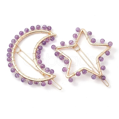 2Pcs Moon & Star Alloy with Natural Amethyst Hollow Hair Barrettes PHAR-JH00105-02-1