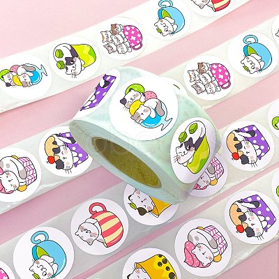 Round Paper Cat in Cup Cartoon Sticker Rolls X-PW-WG36611-01-1