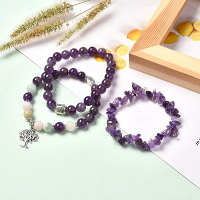 Natural Amethyst & Morganite Stretch Bracelets Set for Men Women BJEW-JB06693-1