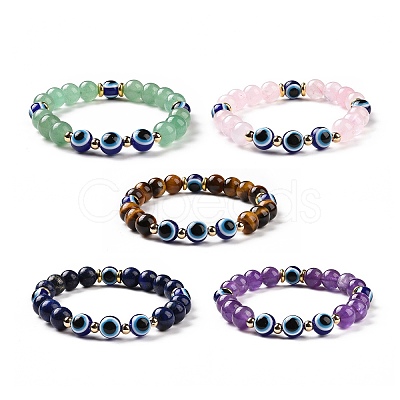 5Pcs Natural Lapis Lazuli & Amethyst & Rose Quartz & Tiger Eye & Green Aventurine Beads Stretch Bracelets Set BJEW-JB08936-1