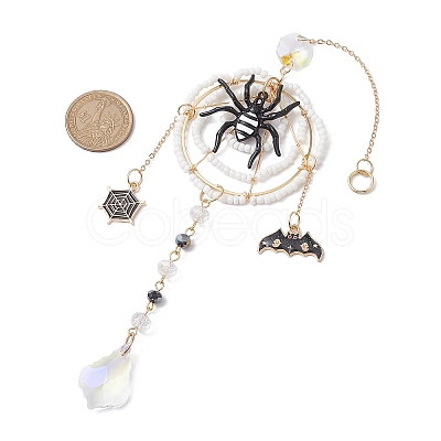 Halloween Wire Wrapped Glass Beads & Alloy Enamel Spider Hanging Ornaments HJEW-TA00205-1