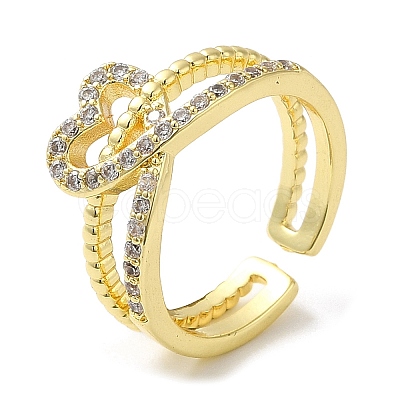 Heart Brass Micro Pave Cubic Zirconia Open Cuff Ring for Women RJEW-F154-03G-B-1