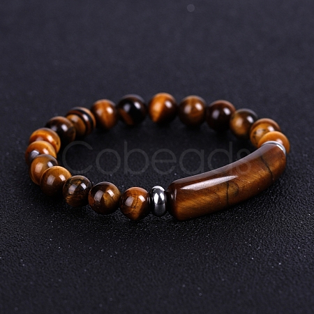 Natural Tiger Eye Curved Rectangle Beaded Stretch Bracelet PW-WG67660-02-1
