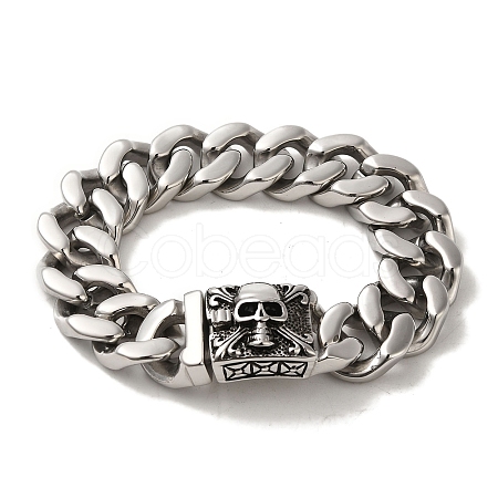 304 Stainless Steel Skull Cuban Link Chain Bracelets for Women Men BJEW-Q341-05D-AS-1