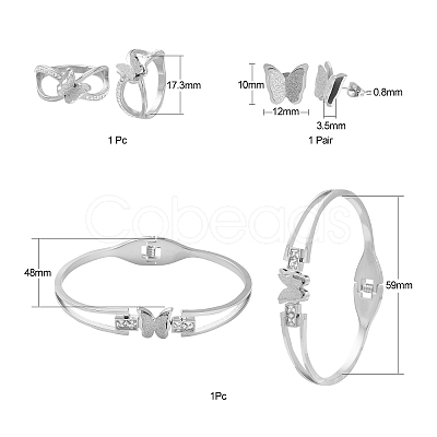 Non-Tarnish 304 Stainless Steel Butterfly Stud Earrings & Finger Ring & Bangle SJEW-TZ0001-01-1