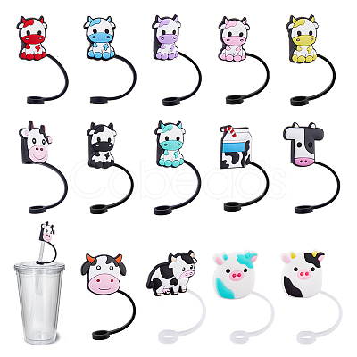 DICOSMETIC 14Pcs 14 Style Cow Theme Silicone Straw Cap AJEW-DC0001-46-1