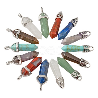 14Pcs 14 Style Chakra Natural & Synthetic Gemstone Pointed Pendants G-LS0001-76-1