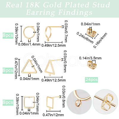 Beebeecraft 24Pcs 3 Style Square & Triangle & Ring Brass Stud Earring Findings KK-BBC0012-84-1