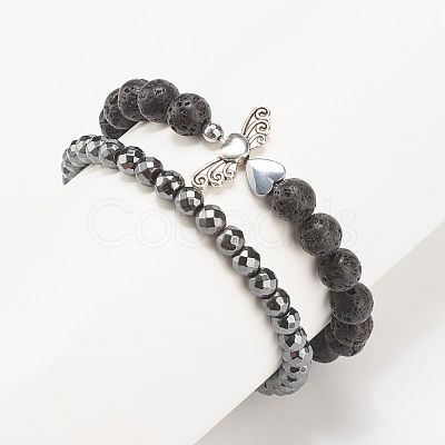 2Pcs 2 Style Natural Lava Rock & Synthetic Hematite Stretch Bracelets Set with Alloy Wings BJEW-JB08021-1