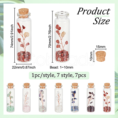 Olycraft 7Pcs 7 Style Natural Jade & Garnet & Lapis Lazuli & Quartz Crystal & Green Aventurine & Rose Quartz & Fluorite Chips Bonsai Tree in Column Glass Wish Bottles AJEW-OC0004-43-1