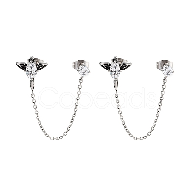 Oval with Wings 316 Surgical Stainless Steel Pave Clear Cubic Zirconia Dangle Chains Stud Earrings EJEW-Z050-63AS-1