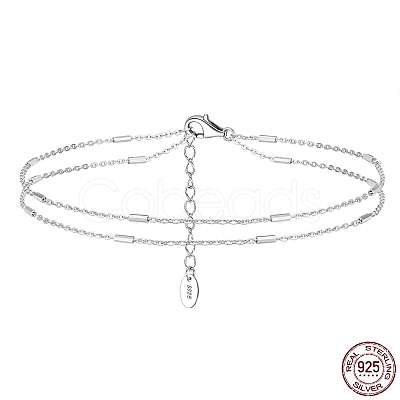 Rhodium Plated 925 Sterling Silver Double Layered Cable Chain Anklet with Beads AJEW-F162-006P-1