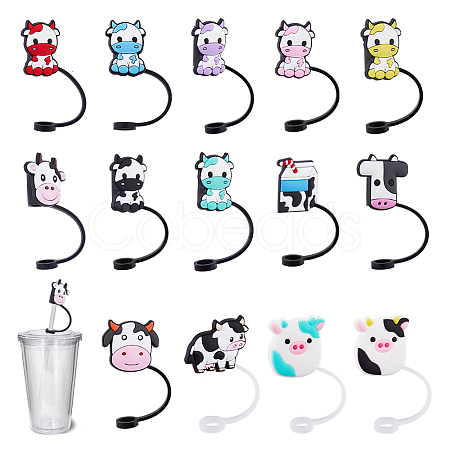 DICOSMETIC 14Pcs 14 Style Cow Theme Silicone Straw Cap AJEW-DC0001-46-1