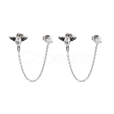 Oval with Wings 316 Surgical Stainless Steel Pave Clear Cubic Zirconia Dangle Chains Stud Earrings EJEW-Z050-63AS-1