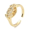 Leaf Brass Micro Pave Cubic Zirconia Cuff Open Rings for Women, Long-Lasting Plated, Golden, Adjustable