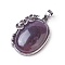 Natural Amethyst Pendants, with Brass Findings, Oval with Flower, Antique Silver, 35x26.5x9mm, Hole: 7x5mm