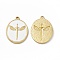 Ion Plating(IP) 304 Stainless Steel Pendant, with Enamel, Oval with Wing Charm, Golden, White, 28x20x2mm, Hole: 1.8mm