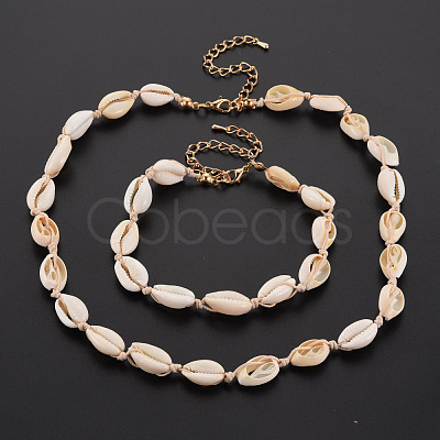 Natural Shell Beaded Necklace and Bracelet SJEW-T002-01-1