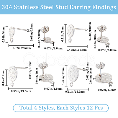 SUNNYCLUE 48Pcs 4 Style 304 Stainless Steel Stud Earring Findings STAS-SC0007-31-1