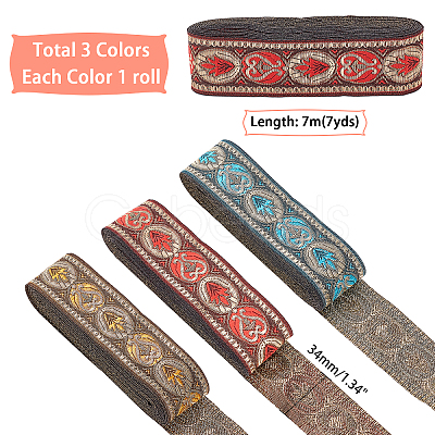 PandaHall Elite 3 Rolls 3 Colors Ethnic Style Embroidery Polyester Ribbons OCOR-PH0001-22-1