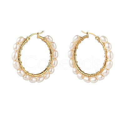 Natural Pearl Beads Brass Hoop Earrings EJEW-JE04565-1