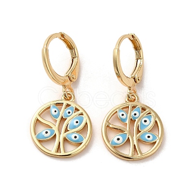 Tree with Evil Eye Real 18K Gold Plated Brass Dangle Leverback Earrings EJEW-Q797-19G-02-1