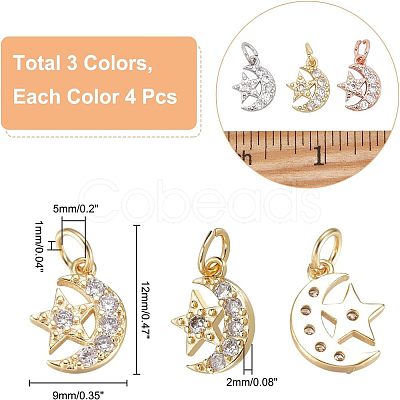 Nbeads 12Pcs 3 Colors  Brass Micro Pave Cubic Zirconia Charms ZIRC-NB0001-81-1